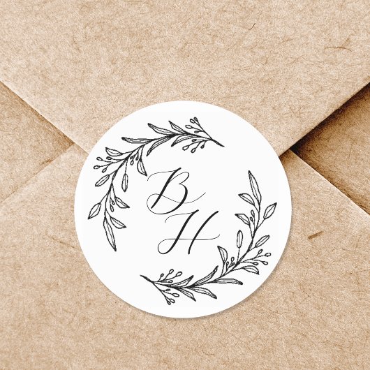 Floral Wreath Wedding Initial Monogram Runder Aufkleber