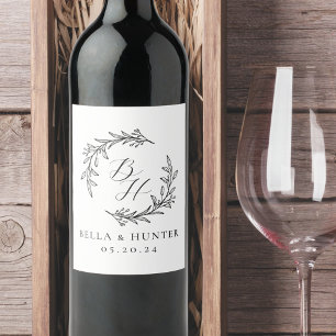 Floral Wreath Wedding Initial Monogram Weinetikett