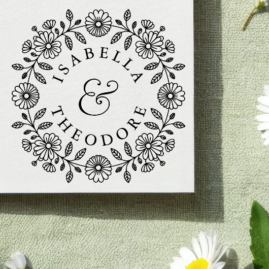 Floral Wreath Wooden Couple's Name Stamp Gummistempel