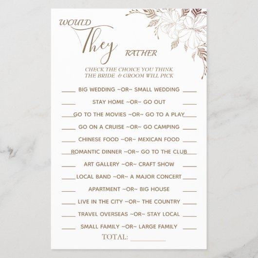 Floral Würden sie lieber Duschspielkarten Flyer (Vorne)