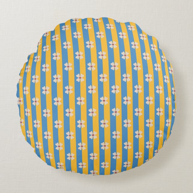 Floral Yellow and Aqua Striped Round Pillow Rundes Kissen (Vorderseite)