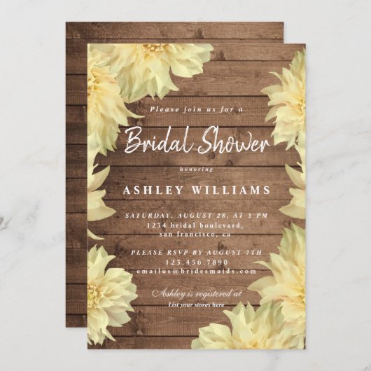 Floral Yellow Dahlia Rustic Wood Brautparty Einladung (Vorne/Hinten)