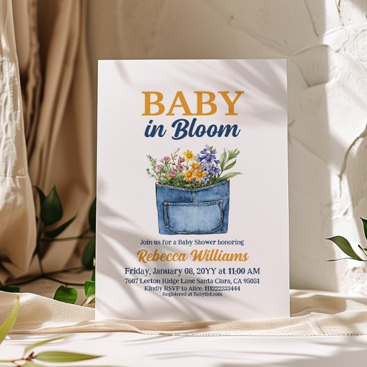Floral Yellow Denim Pocket Baby In Bloom Shower Einladung