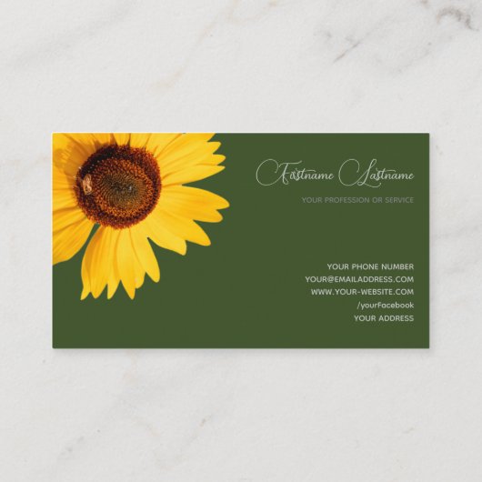 Floral yellow sunflower bee calligraphy dark green visitenkarte (Rückseite)