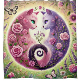 Floral Yin Yang Cats Illustration Duschvorhang