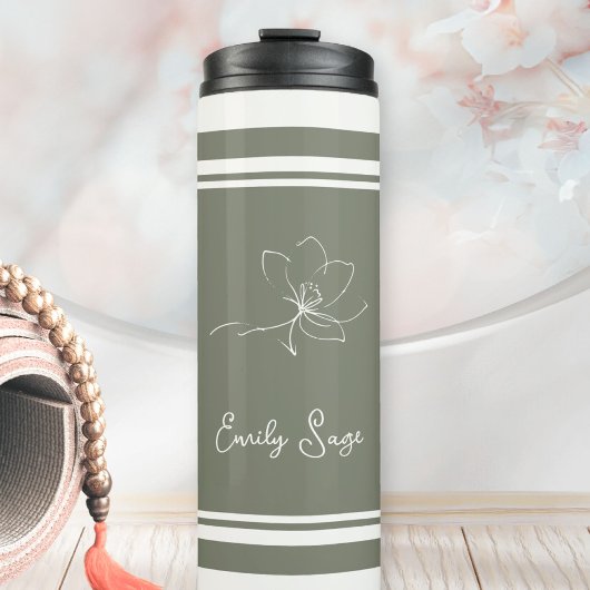 Floral Zen Athletic Stripes Ivory Sage Green Thermosbecher