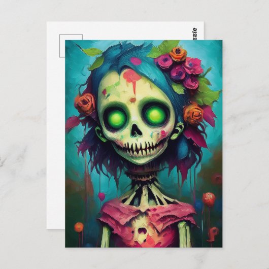 Floral Zombie Puppe mit grünen Augen Postkarte (Vorne/Hinten)