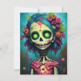 Floral Zombie Puppe mit grünen Augen Postkarte