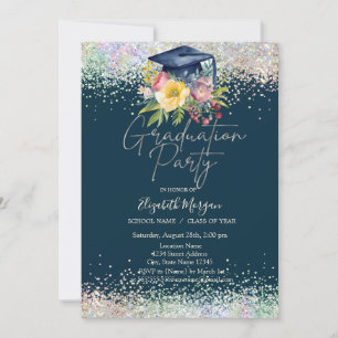 Florale Abschlusskappe, Konfetti Navy Blau Abschlu Einladung