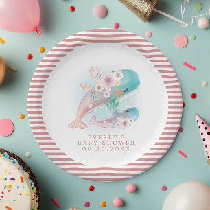 Florale Aquarell-Wale Mädchen Baby Shower Pappteller