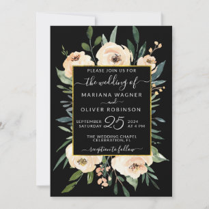 Florale Beige Rosen mit Gold auf schwarzer Hochzei Einladung