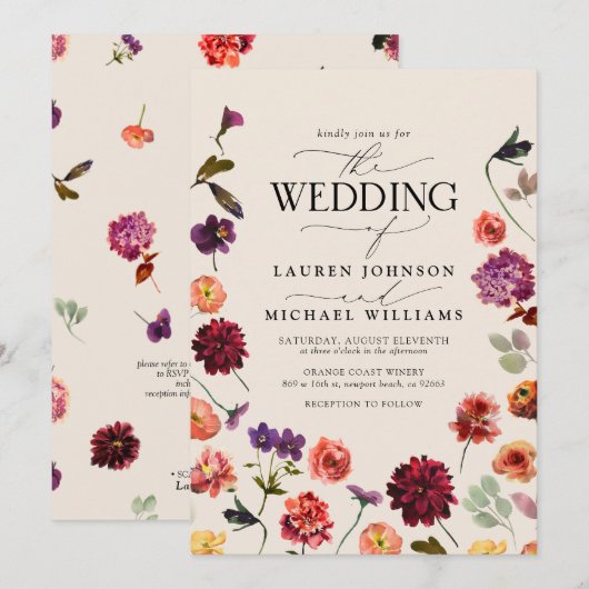 Florale Boho QR-Code-Hochzeit Einladung (Vorne/Hinten)