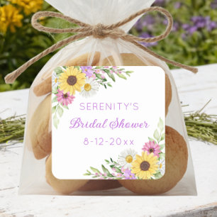 Florale Boho-Sonnenblumen-Brautjungfernparty Quadratischer Aufkleber