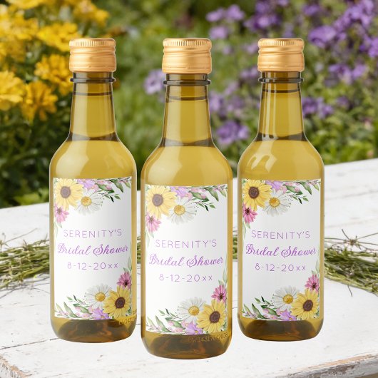 Florale Boho-Sonnenblumen-Brautstrauß-Dusche Weinetikett