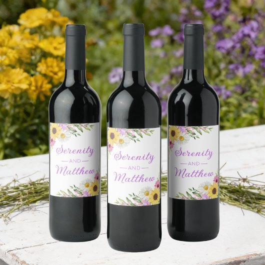 Florale Boho-Sonnenblumen-Hochzeitsdusche Weinetikett
