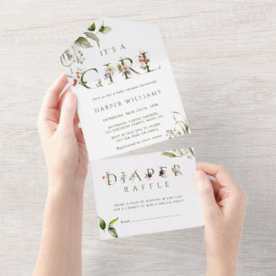Florale botanische Mädchen-Baby-Party   Windelverl All In One Einladung