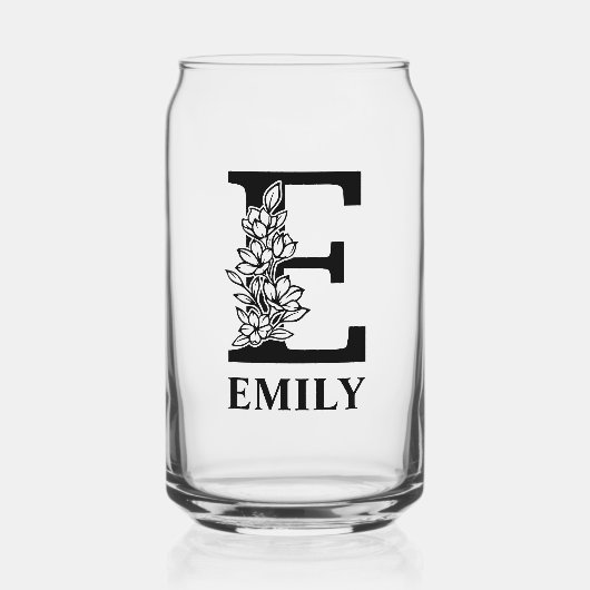 Florale Buchstaben E Monogramm und Personalisierte Dosenglas (Vorderseite)