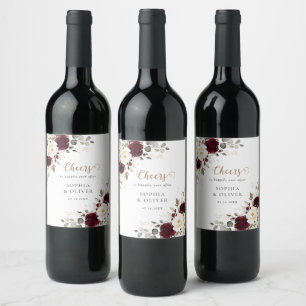 Florale Burgunder-Merlot-Grünpflanzen-Hochzeit Weinetikett