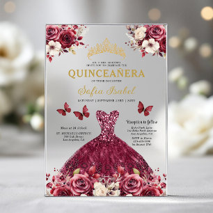 Florale Burgunder-Schmetterlings-Prinzessin Quince Acryleinladungen