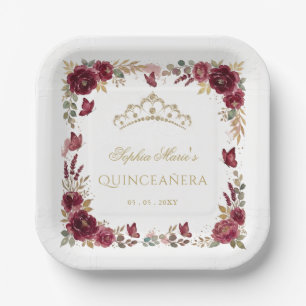 Florale Butterfly-Burgunder-Gold-Tiara-Quinceañera Pappteller