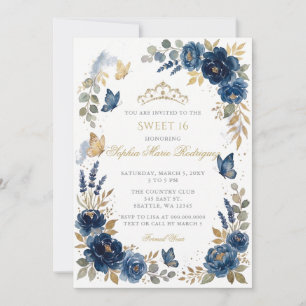 Florale Butterfly Navy Gold Tiara Sweet 16 Einladung