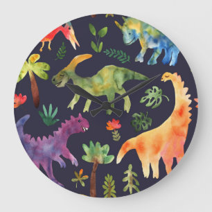 Florale Dinosaurier: Wasserfarben-Stoffdesign Große Wanduhr