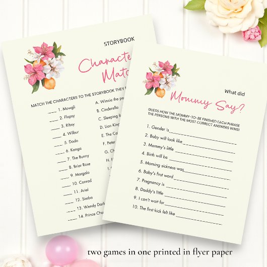 Florale doppelseitige Baby Shower Spiele Flyer