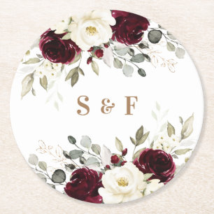 Florale elegante burgundergrüne Gold Hochzeit  Runder Pappuntersetzer