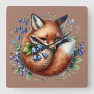Florale Fuchs-Botanik-Waldkunst Quadratische Wanduhr