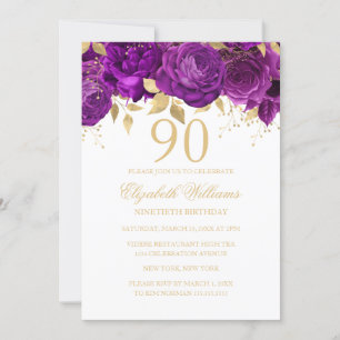 Florale Gold-Purple Rose 90. Geburtstag Einladung