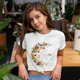 Florale Halbmond-Pressed-Flower-Kunst T-Shirt
