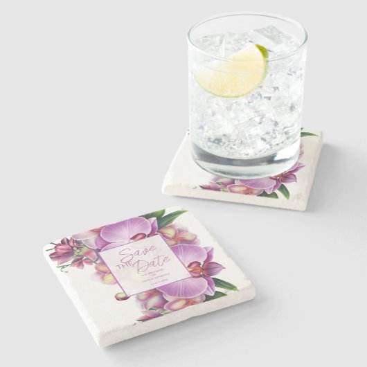 Florale Hochzeiten speichern das Datum Steinuntersetzer (Seitenansicht)