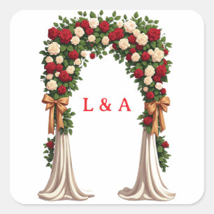 Florale Hochzeitsbogen-Rosen und Goldband-Dekorati Quadratischer Aufkleber