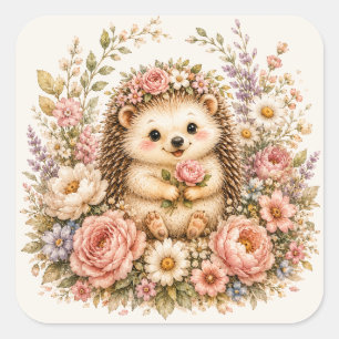Florale Igel-Wasserfarbenkunst Quadratischer Aufkleber