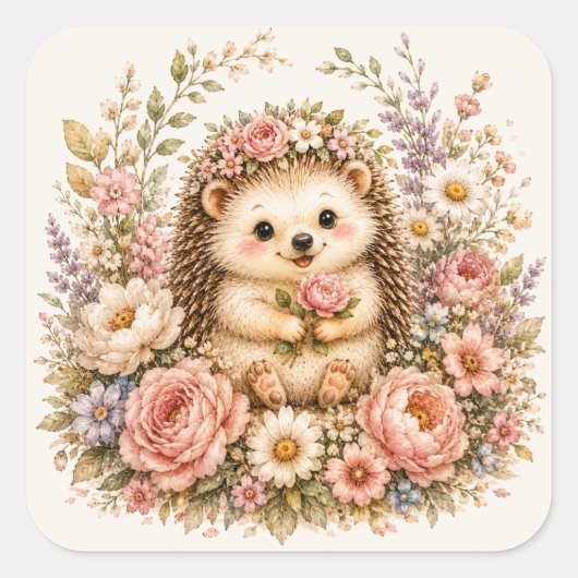 Florale Igel-Wasserfarbenkunst Quadratischer Aufkleber (Vorderseite)