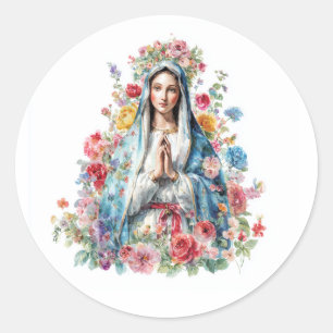 Florale Jungfrau Maria Wasserfarbe Religiös Kathol Runder Aufkleber
