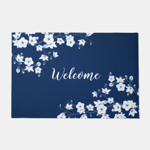 Florale Kirschblüten Navy Blau Weiß Willkommen Fußmatte