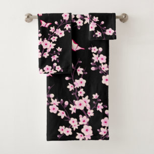 Florale Kirschblüten PINK SCHWARZ Badhandtuch Set