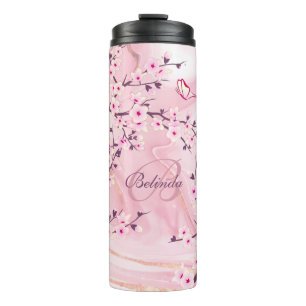 Florale Kirschblüten Rosa Marmor Name Monogramm  Thermosbecher