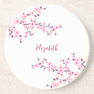 Florale Kirschblüten Rosa Weiß Monogramm   Getränkeuntersetzer