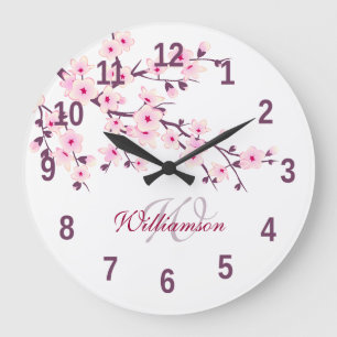 Florale Kirschblüten Rosa Weiß Monogramm Name Große Wanduhr