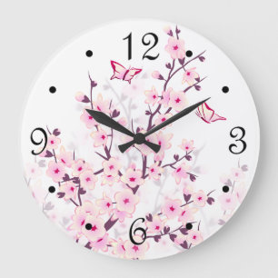 Florale Kirschblüten Rosa Weiße Zahlen Große Wanduhr