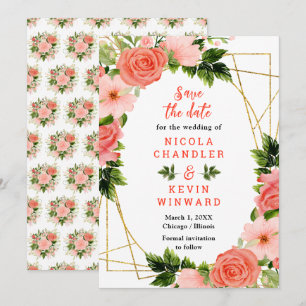 Florale Korallenrote Rosen Hochzeit Save The Date