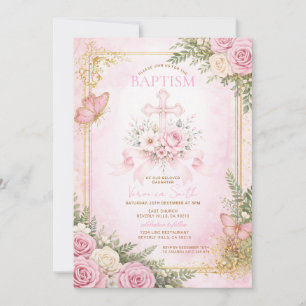 Florale Kreuz-Rosé-Tauf-Einladung für Mädchen Einladung