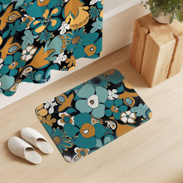 Florale Kritzeleien Aqua Türkis Senf Schwarz Weiß Badematte