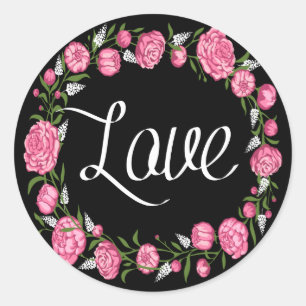 Florale Liebe Rosa Pfingstrose Blume Schwarze Hoch Runder Aufkleber