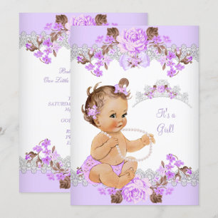 Florale Lila Prinzessin Baby Shower Brünette Mädch Einladung