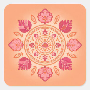 Florale Mandala-Illustration auf einem Pfirsich-Hi Quadratischer Aufkleber