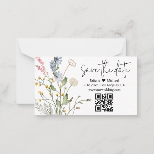 florale moderne Save the Date qr Wildblumen Mitteilungskarte (Vorderseite)