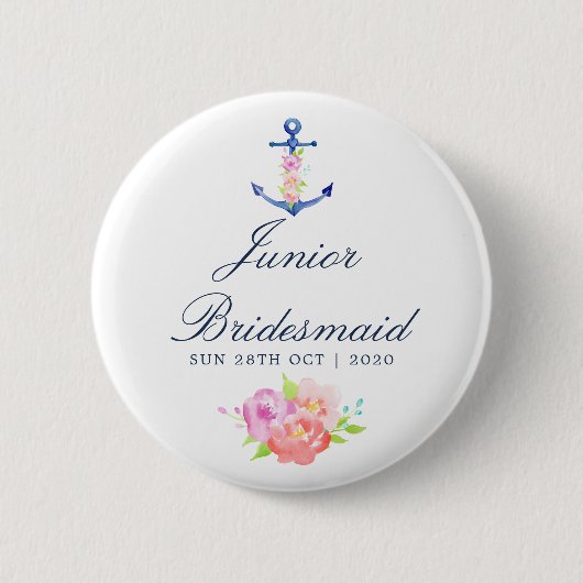 Florale nautische Hochzeit Junior-Brautjungfer Button (Vorderseite)
